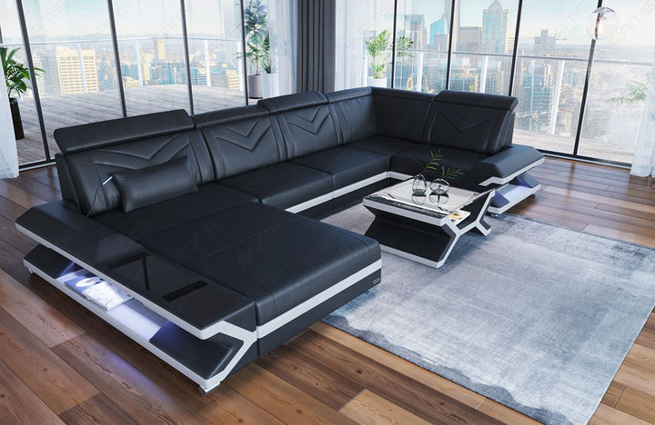 U Form Ledersofa Napoli als Mini mit LED und USB in schwarz-weiss Leder