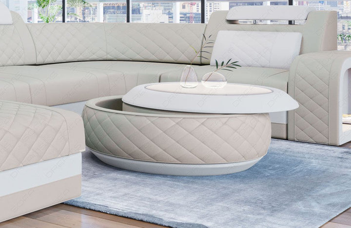 Design Couchtisch Berlin in Leder mit Stauraum in beige - weiss