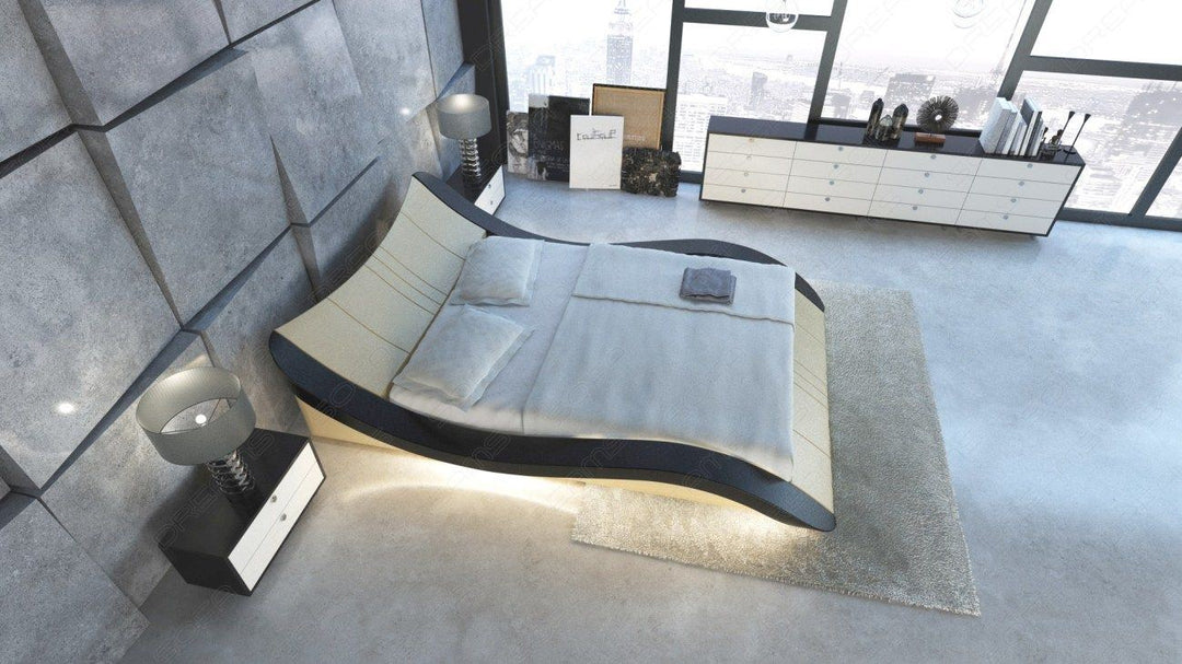 Lederbett Frankfurt mit LED Beleuchtung in beige Nebenfarbe schwarz