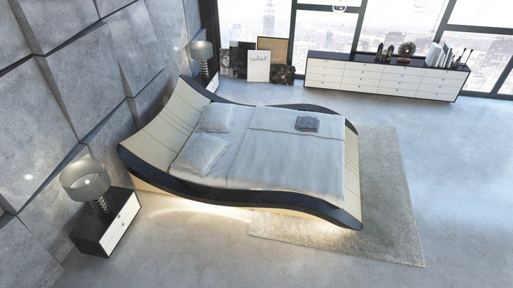 Lederbett Frankfurt mit LED Beleuchtung in beige Nebenfarbe schwarz