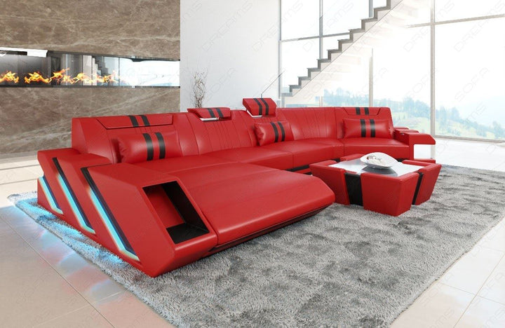 Designer Leder Wohnlandschaft Apollonia C Form in rot-schwarz