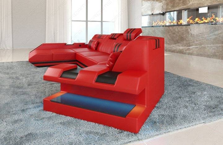 Ledersofa Garnitur Apollonia C Form mit LED in rot-schwarz