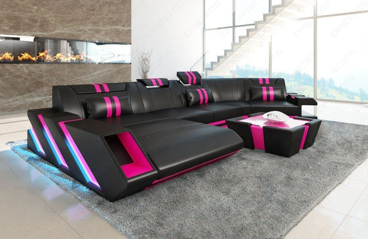 Design Ledersofa Apollonia C Form Form mit LED in schwarz-pink
