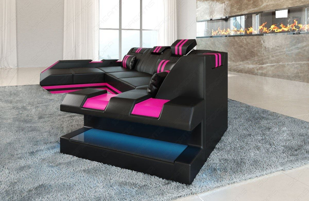 Design Ledersofa Apollonia C Form Form mit LED in schwarz-pink