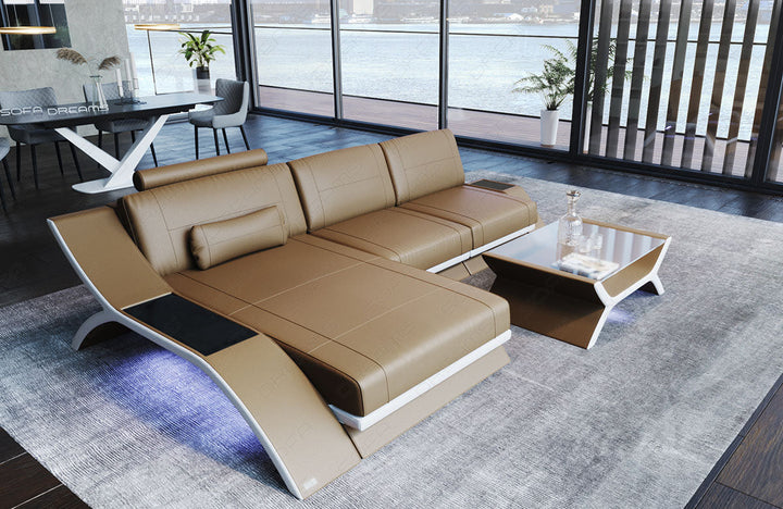 Modernes Ledersofa Calabria L Form in sandbeige - weiss
