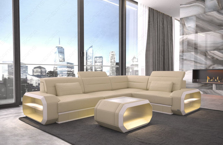 Mini Ledersofa Verona in der Ecksofa L Form in beige-weiss