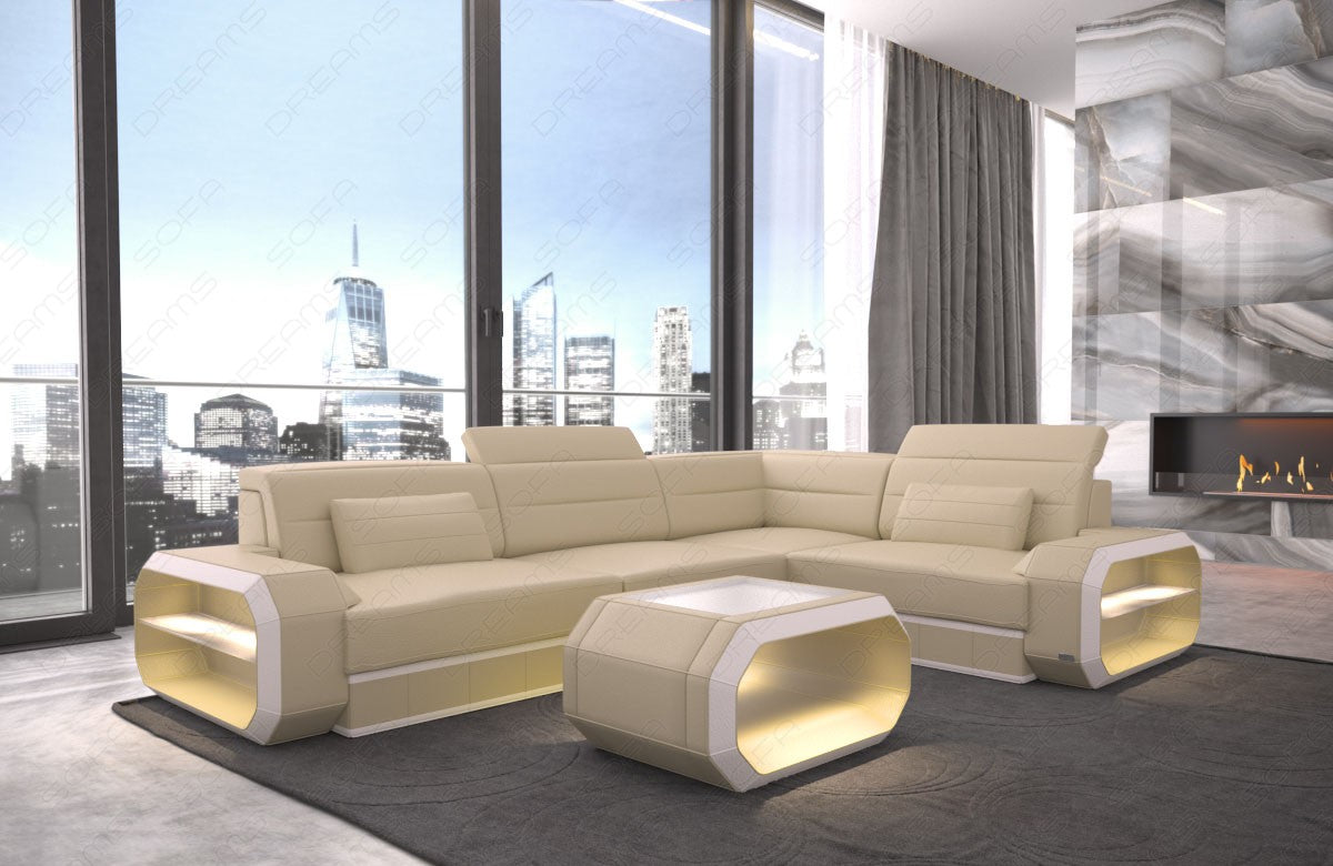 Verona L-shaped leather couch with LED – style & comfort