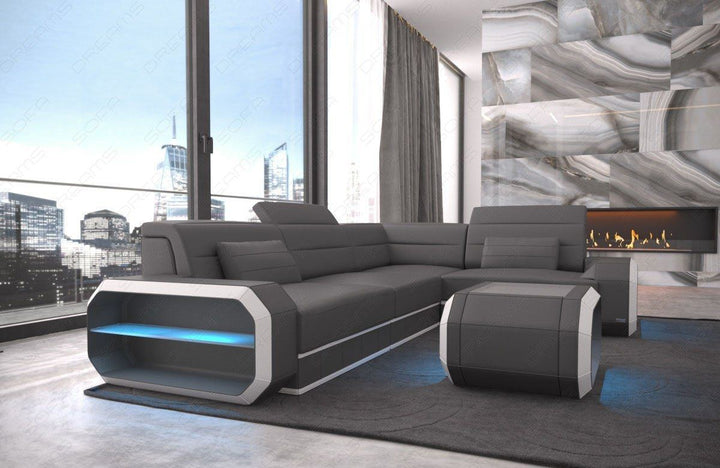 Mini Ledersofa Verona in der Ecksofa L Form - grau-weiss