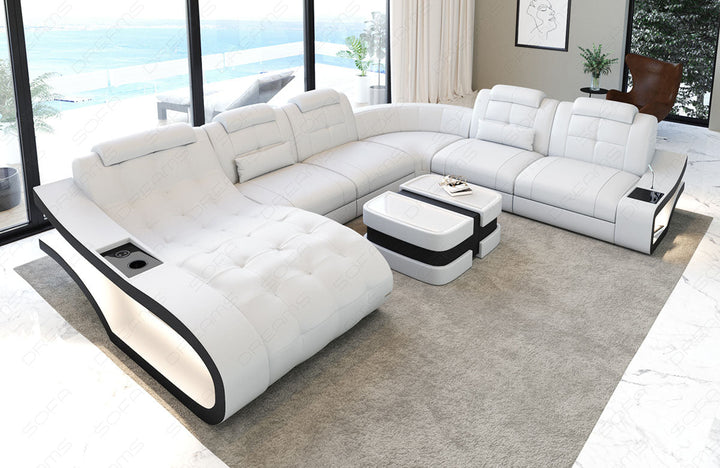 Moderne Leder Wohnlandschaft Elegante XXL mit LED in weiss-schwarz