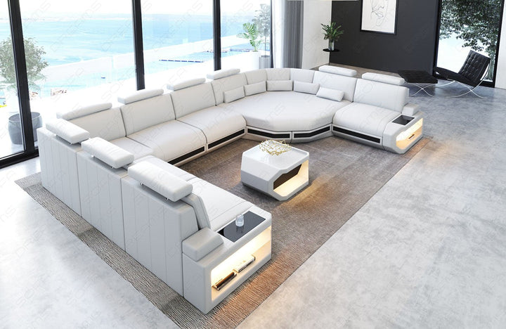 Leder Sofa Wohnlandschaft Asti U Form in weiÃŸ-schwarz. Couchtisch und USB AnschlÃ¼sse sind optional erhÃ¤ltlich.