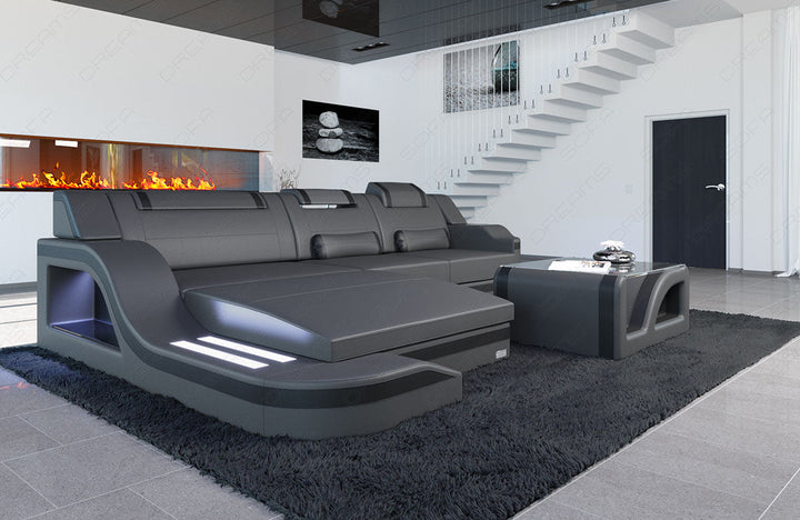 Leder Ecksofa Palermo L Form in grau-schwarz