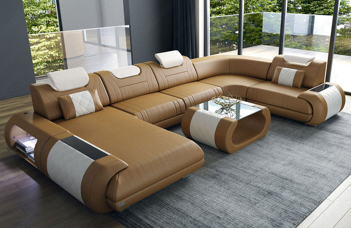 Wohnlandschaft Rimini Leder sandbeige - weiÃŸ