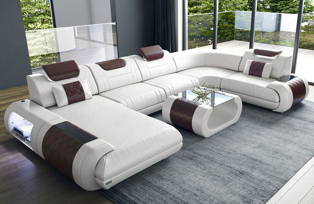Wohnlandschaft Rimini Leder weiss - dunkelbraun