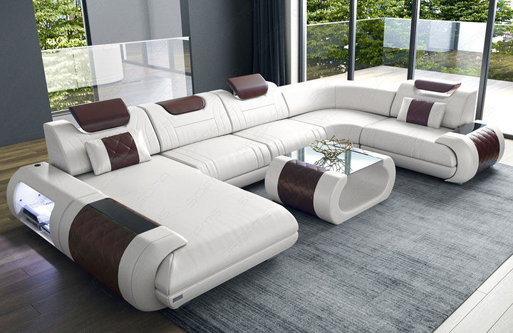 Wohnlandschaft Rimini Leder weiss - dunkelbraun