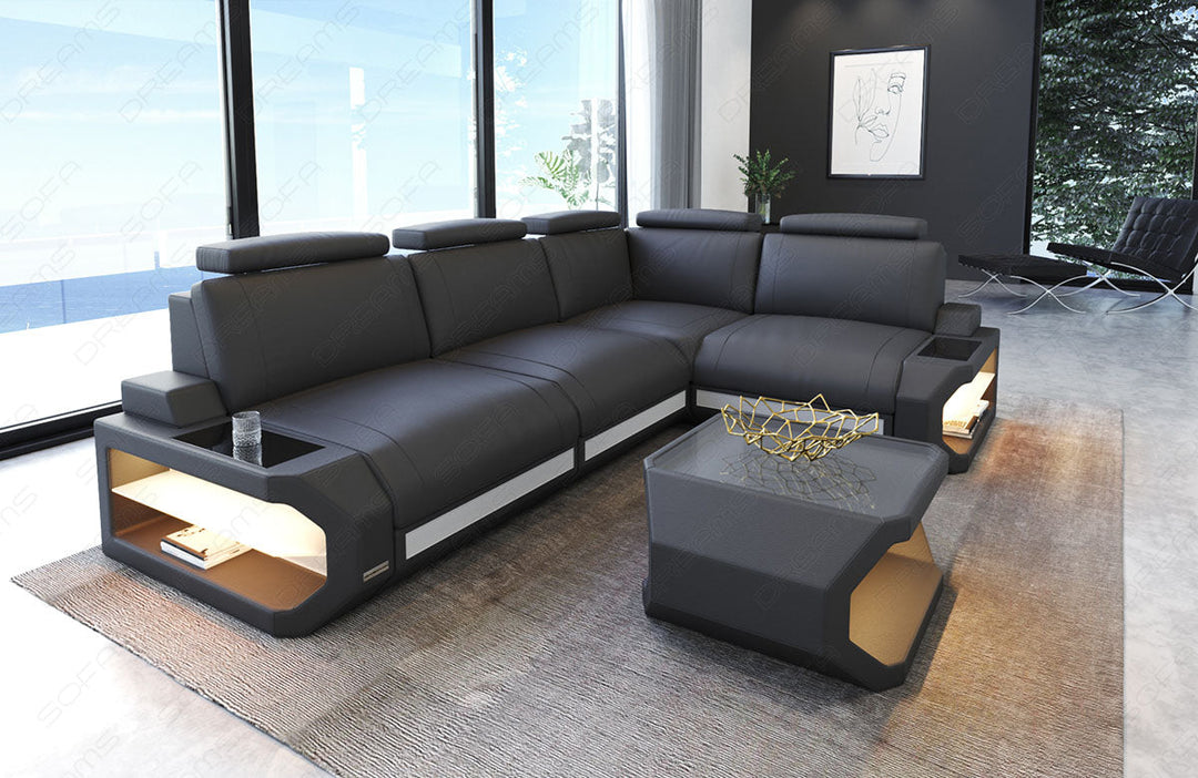 Modernes Leder Ecksofa Siena L Form in grau-weiÃŸ