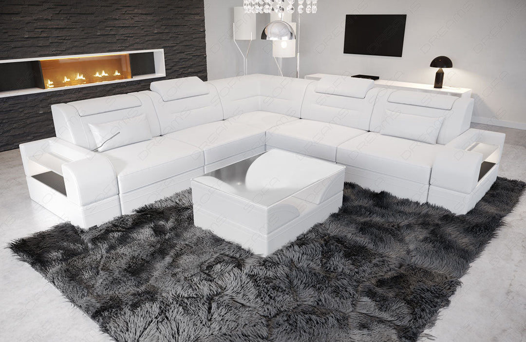 Luxus Leder Sofa Trivento L Form in weiÃŸ mit LED-Beleuchtung