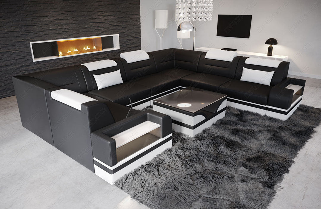 U Form Ledersofa Trivento Mini mit Beleuchtung in schwarz-weiÃŸ