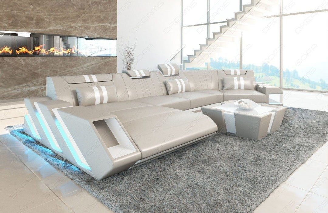 Ledercouch Apollonia C Form mit LED in beige-weiss