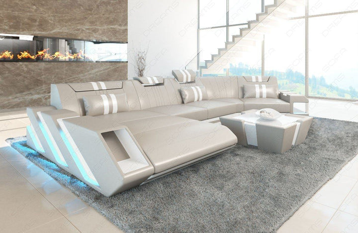 Ledercouch Apollonia C Form mit LED in beige-weiss