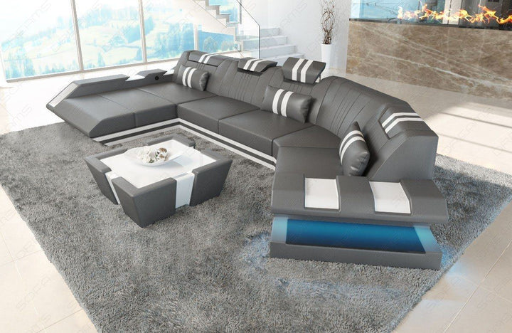Moderne Wohnlandschaft Apollonia C Form mit LED in grau-weiss