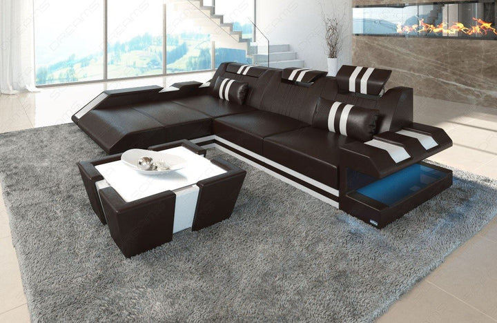 Leder Eck Sofa Apollonia L Form in dunkelbraun-weiÃŸ