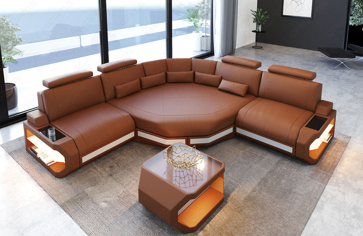 Leder Ecksofa Asti L Mini mit LED Beleuchtung in hellbraun-weiÃŸ