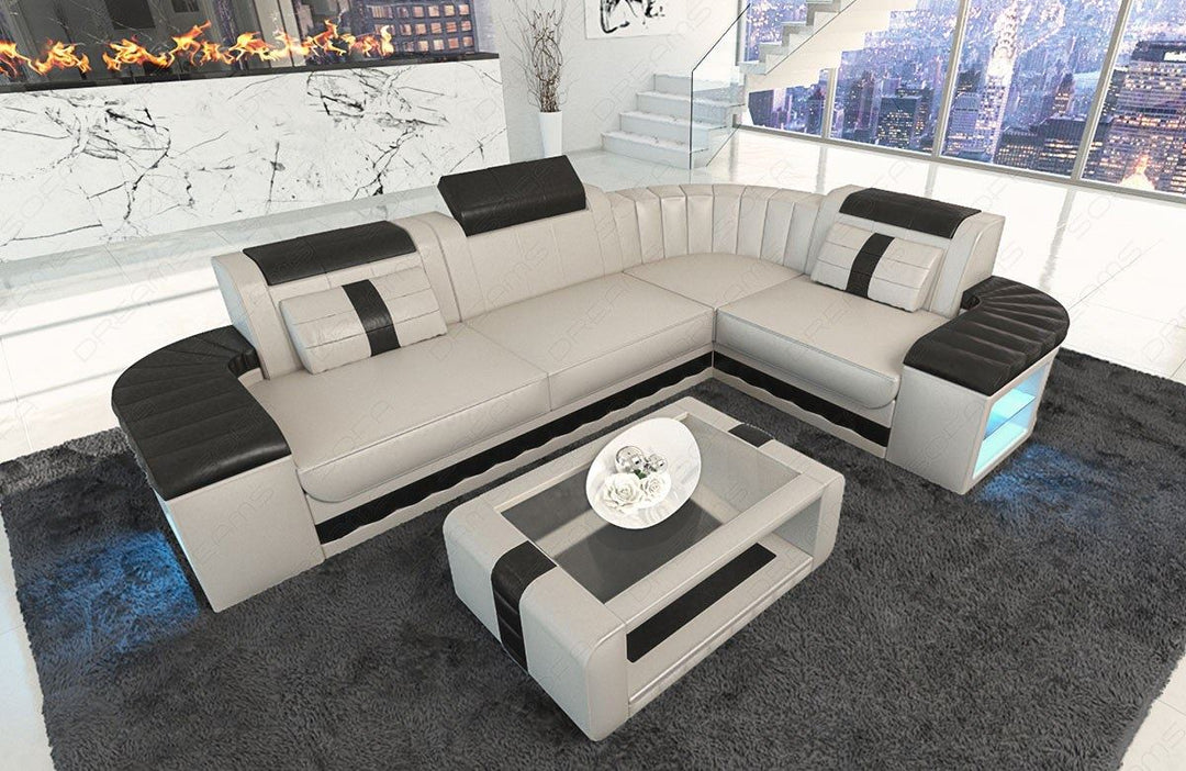Modernes Ledersofa Bergamo L Form LED in beige-schwarz