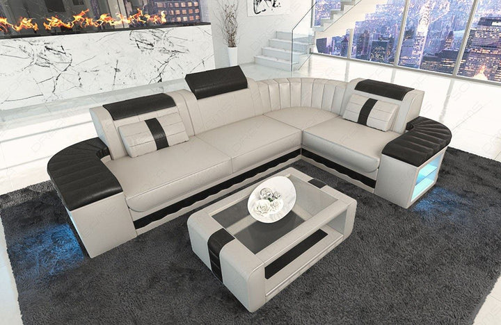 Modernes Ledersofa Bergamo L Form LED in beige-schwarz