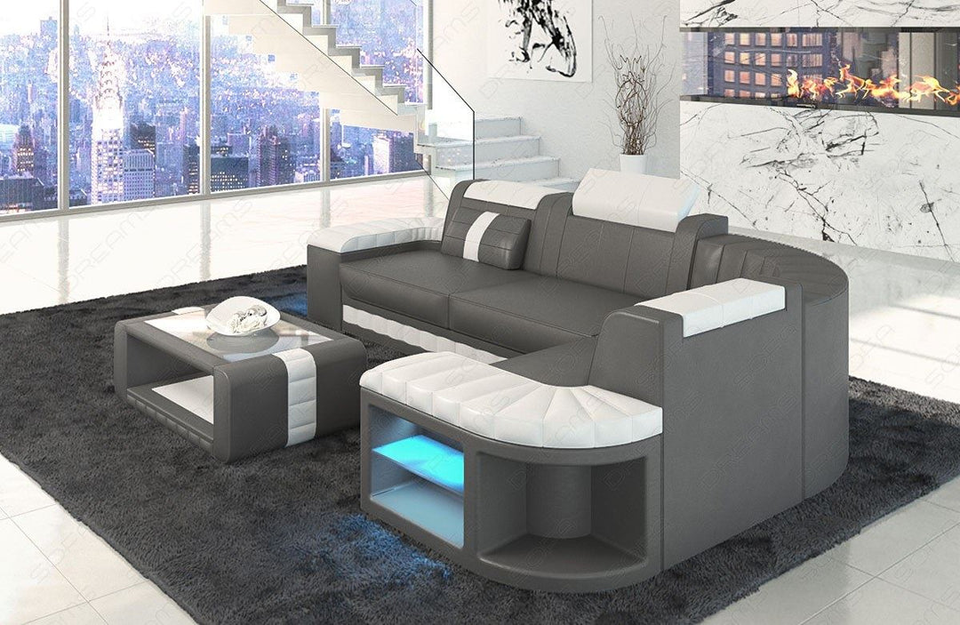 Designersofa Bergamo L Form LED in grau-weiss