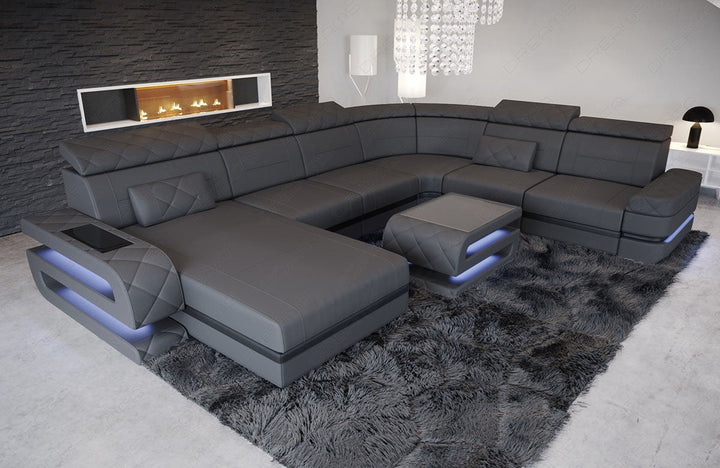 XXL Leder Wohnlandschaft Bologna mit LED Beleuchtung in grau-schwarz - Couchtisch optional erhÃ¤ltlich