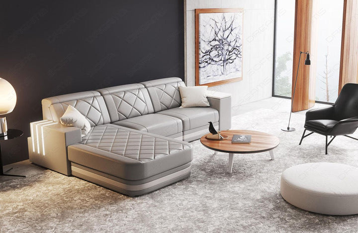 Leder Ecksofa Cesena L Form in grau-weiÃŸ