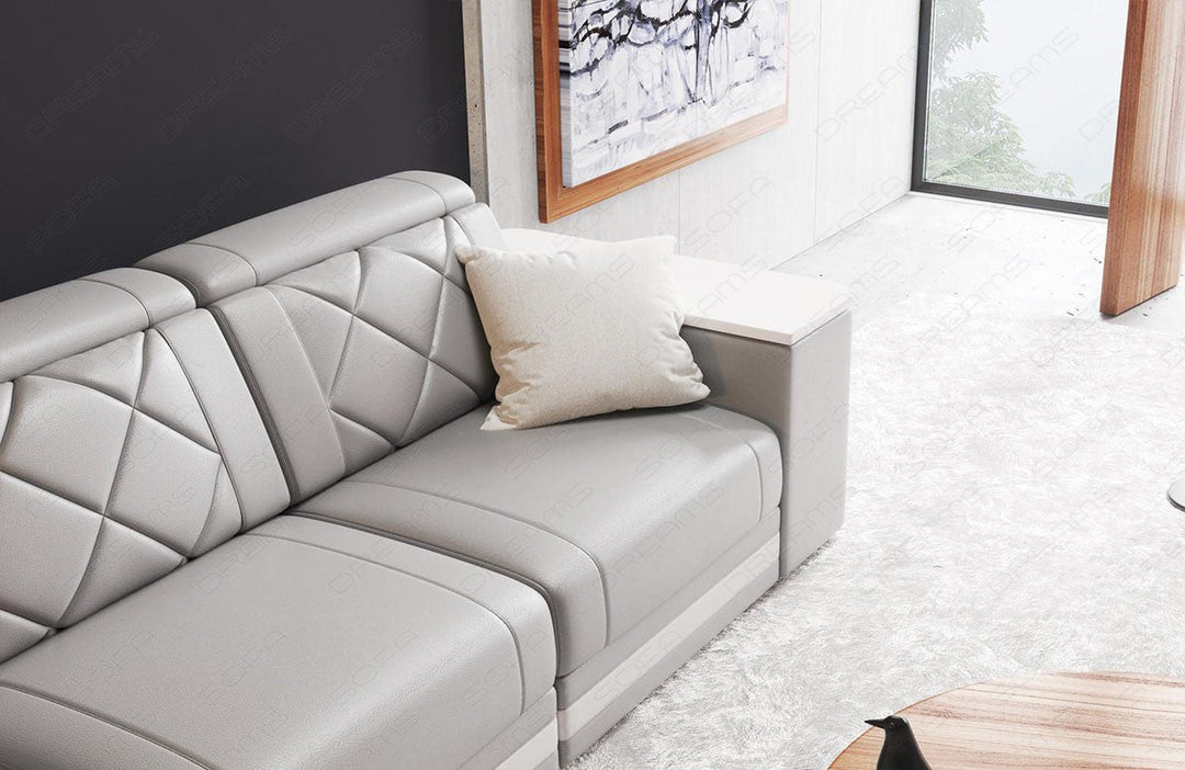 Detailansicht des Leder Ecksofa Cesena L Form in grau-weiÃŸ