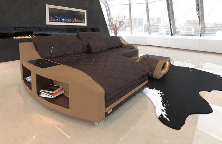 Leder Sofa Swing Chesterfield Muster mit Ottomane in dunkelbraun - sandbeige