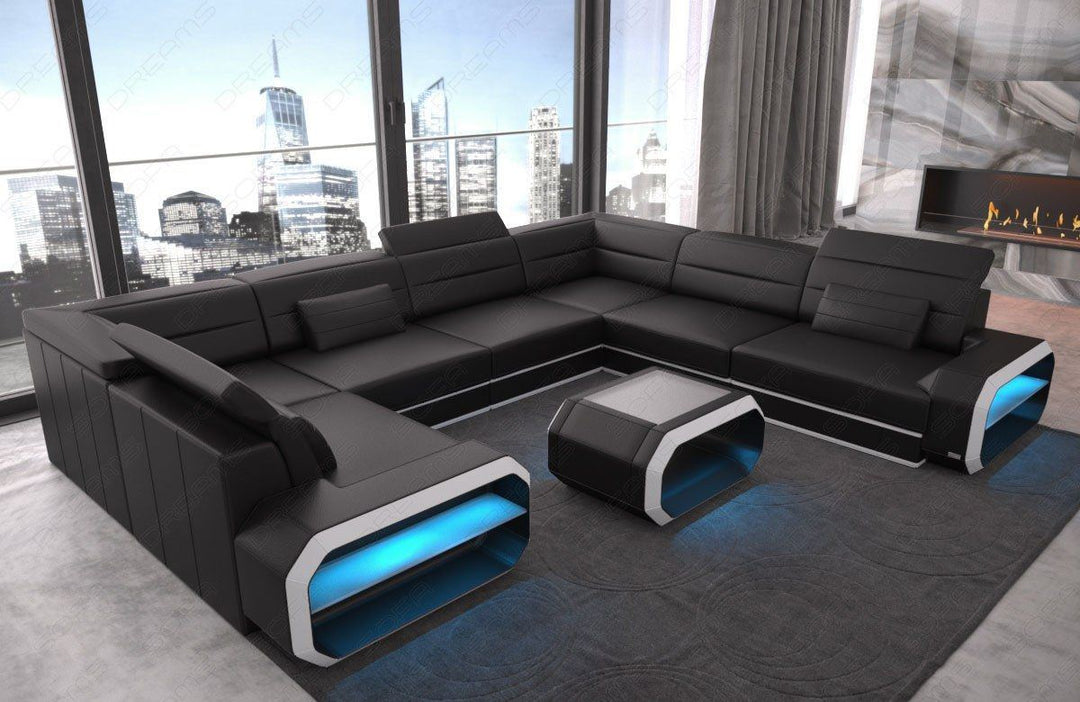 Luxus Wohnlandschaft Verona U mit LED Beleuchtung in schwarz-weiss