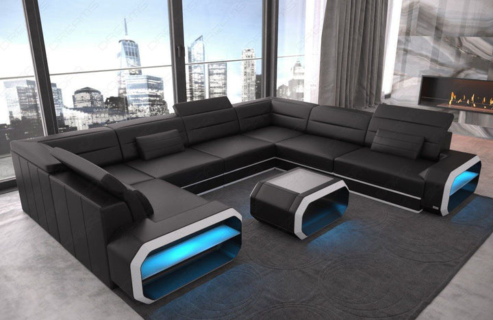 Luxus Wohnlandschaft Verona U mit LED Beleuchtung in schwarz-weiss
