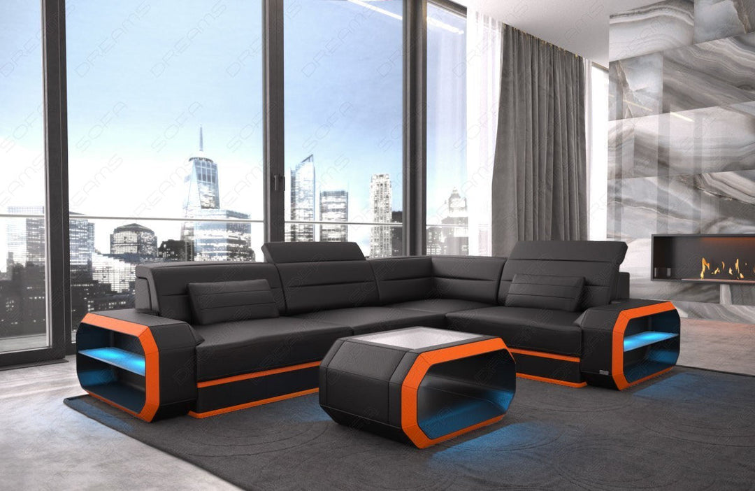 Leder Ecksofa Verona L Form in schwarz orange