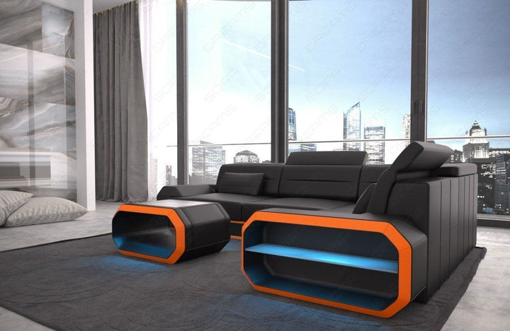 Mini Ledersofa Verona in der Ecksofa L Form - schwarz-orange