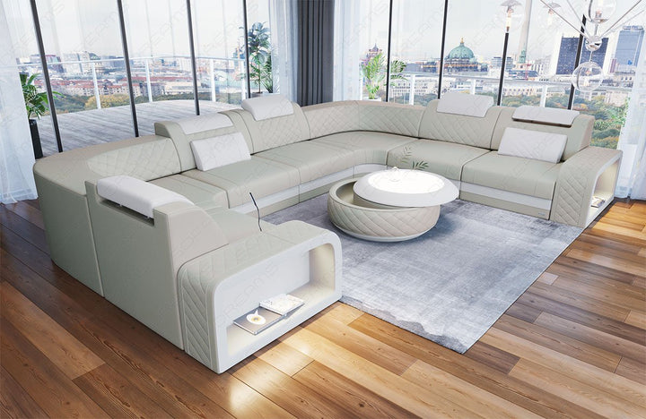 Mini U Form Ledersofa Foggia mit LED in beige - weiss