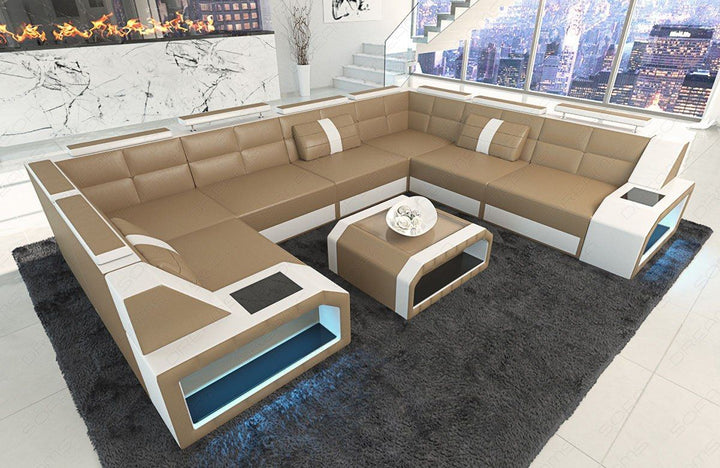 Leder Ecksofa Pesaro mit LED Beleuchtung sandbeige-weiss