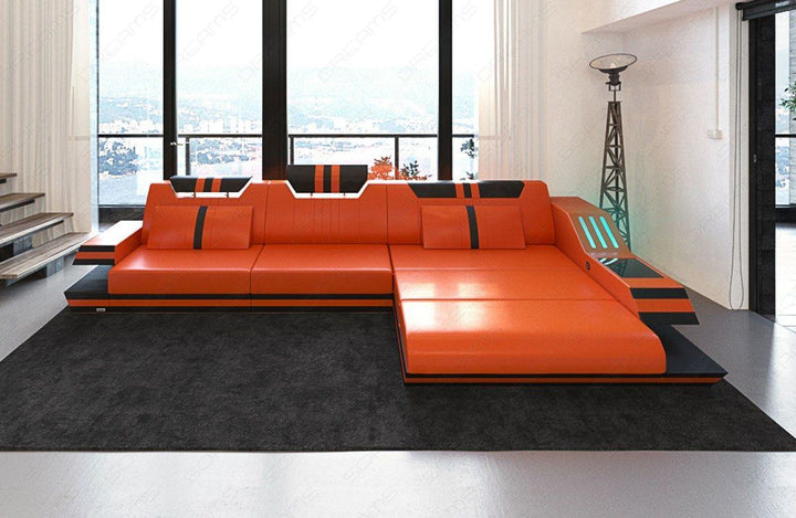 Ledersofa Ravenna mit LED Beleuchtung in orange-schwarz
