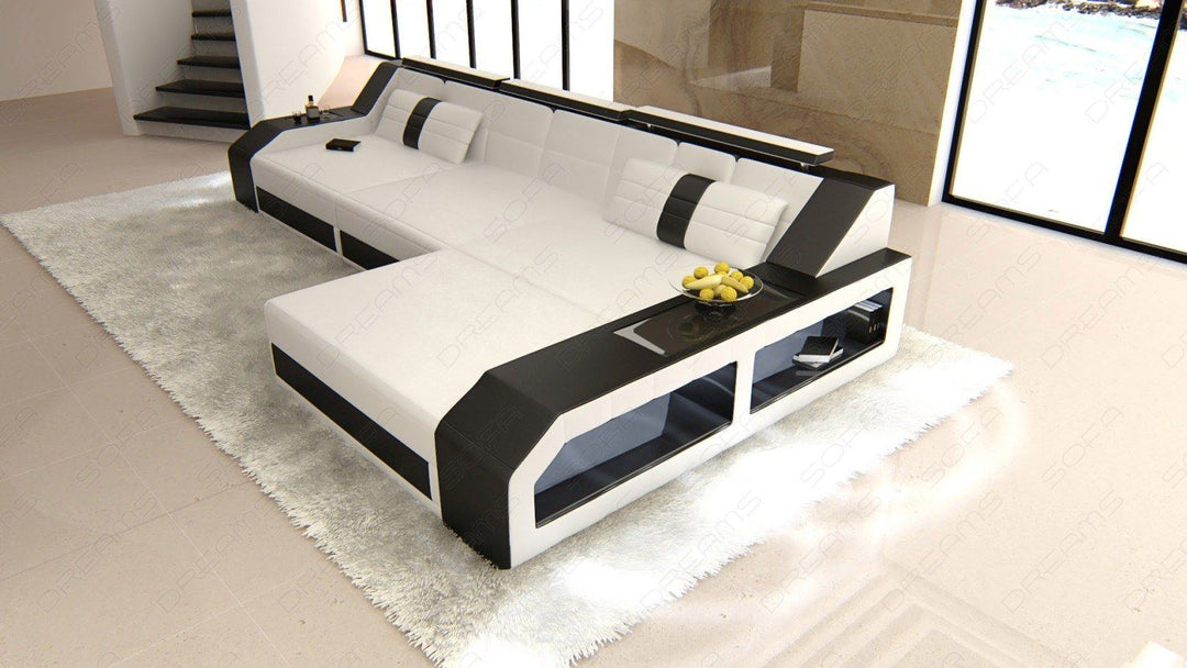 Designer Ledersofa Arezzo in weiss-schwarz