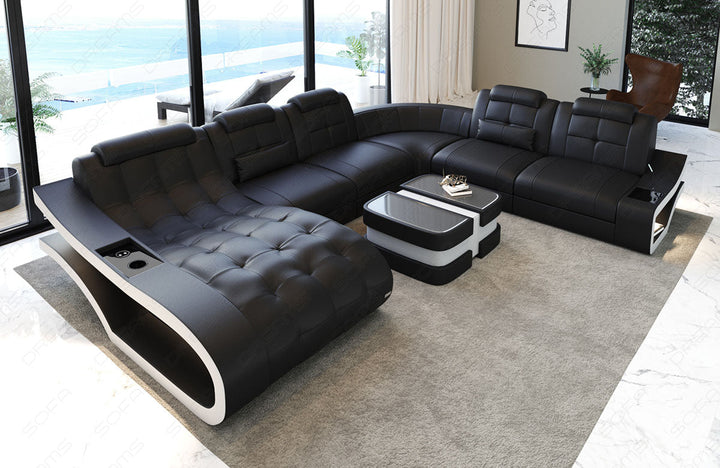 Moderne Leder Wohnlandschaft Elegante XXL mit LED in schwarz-weiss