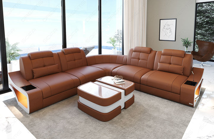 Luxus Leder Ecksofa Elena L Form lang in hellbraun-weiss