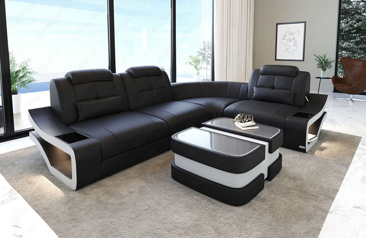 Ledersofa Elena Mini L Form in schwarz-weiÃŸ