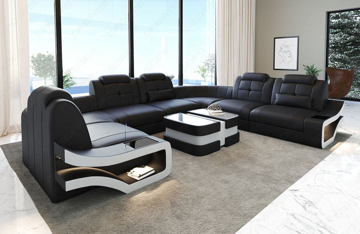 U Form Ledersofa Elena mit LED Beleuchtung in schwarz-weiÃŸ