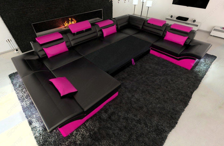 Ledersofa Enzo XXL in schwarz-pink