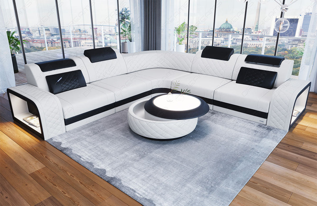L Form Mini Ledersofa Foggia mit LED und USB in weiÃŸ - schwarz