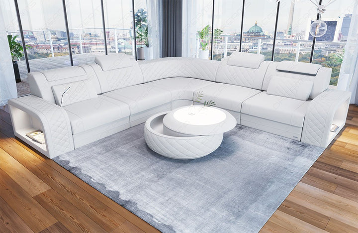 L Form Mini Ledersofa Foggia mit LED und USB in weiÃŸ