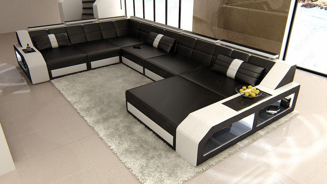 U Form XXL Ledersofa Matera Mini in schwarz-weiss