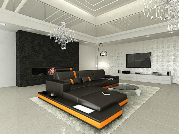 Ledersofa Messana L Form Mini mit Beleuchtung in schwarz-orange
